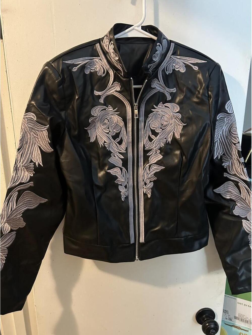Brand new Black faux leather jacket with silver floral embroidery size M